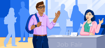 An illustration of a student joining an extracurricular campus job fair speaking to someone behind a table.