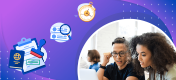 Purple banner featuring a photo of an international student and study abroad advisor at a computer, planning the student's journey timeline.