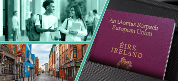 An illustration of two friends walking and talking at an academic institution; an illustration below of a street with shops in Ireland; another illustration to the right of an Irish passport.