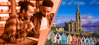 A composite photograph: one side shows two students studying, while the other shows a row of colourful two-storey houses and a large church in Ireland