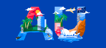 Graphic with the letters A and U and various Australian imagery