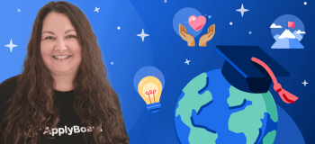 A photograph of a smiling brunette woman with an illustrated background, with pictures of the world with a graduation cap, lightbulb, and hands with a cartoon heart.