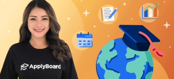 A photograph of Nita against a gold background with illustrative elements including a world with a grad cap on top. (Life at ApplyBoard)