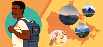 An illustrated map of Canada with scenic photos of Northern Canada and an illustration of a student overlaid.