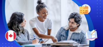 A photograph of three students at a desk with books, surrounded by illustrations of the Canadian flag, a notebook and pencil, and a calendar