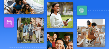 A collage of photographs, all of students walking together, posing happily, or working in a volunteer job.