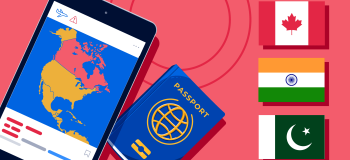 Illustration showing phone, passport and flags of Canada, India, and Pakistan