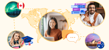 A map of the world, with a woman in the centre behind a laptop. Four circles surround the centre, one of a man with a thumbs up, another with a woman with headphones around her neck, northern lights in Canada, and an Australian landmark in another.