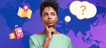 A woman thinking with a background of countries, maps, and suitcases.