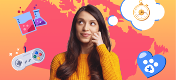 An illustration of a female student thinking with a map behind her.