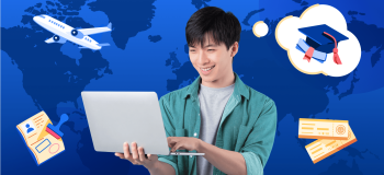 An illustration of a man holding a laptop with travel documents, a plane, and, and a graduation cap behind him.