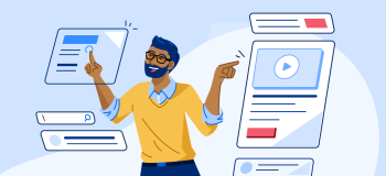 An illustration of a man pressing different screens.