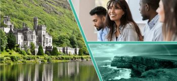 Illustration of Ireland's castles and nature, alongside photos of students in a classroom.