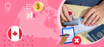 An immigration official stamping a passport, a map of Canada, and a Canadian flag