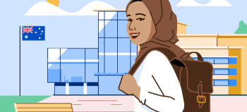 An illustration of a woman wearing a hijab and a white shirt, carrying a backpack, stands in front of a glass school building which is flying an Australian flag.
