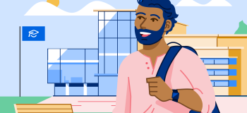 Illustration of student standing in front of school