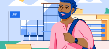 A male student holding onto his backpack strap outside of an academic institution.