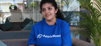 A photo of Kripali Kulkarni being interviewed at ApplyBoard's India office.
