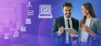 A photo of two recruitment professionals standing together looking at a tablet containing important training materials, next to an icon of a laptop with a checkmark.