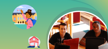 A photograph of two students at a desk, with an illustrated green background and an illustration of a student waving in front of a Canadian school
