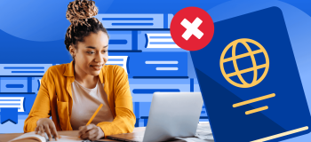 An illustration of a woman behind a laptop, with a rejected passport beside her.