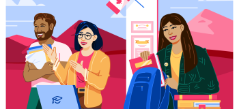 An illustration of students on a Canadian educational institution campus with backpack, laptop, and textbooks