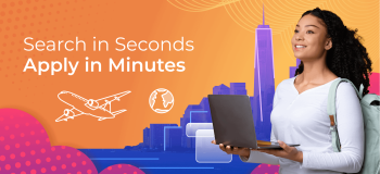 A smiling student holding a laptop is framed by a bright illustrated background featuring pop-art clouds and a bayside skyline of San Francisco featuring the Transamerica Pyramid.