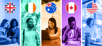 Students with flags of different countries above them.