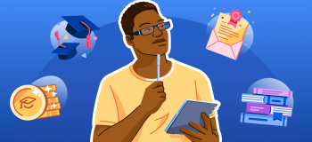 An illustration of a male student thinking with a pen and paper in his hand, with illustrations of graduation caps, money, books, and a letter of acceptance around him.