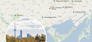 Map of Toronto green spaces and parks, along with an image of a sunny Toronto park with the CN Tower in the background.