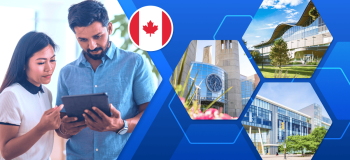 Two students look at a tablet, framed by pictures of three Canadian U15 Group universities.