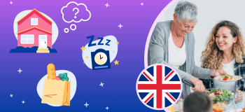 A photograph of a senior woman and a young woman at a dinner table with salad. Illustrative elements (an UK flag, a house, a thought bubble) are overlaid.