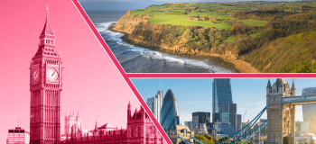 Three photographs of UK cities and countryside.