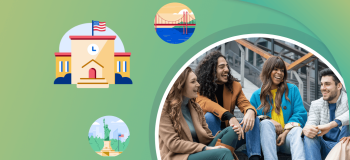 A group of international students sitting on a flight of stairs, framed by illustrations of a university building, the Golden Gate Bridge, and the Statue of Liberty