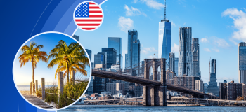 A picture of a city skyline with the US flag and an inset picture of a beach