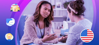 An illustration of a institution staff member speaking to a student, with spot illustrations of the American flag, chat bubbles, schools, and awards alongside them.