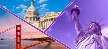 Three photographs of major American landmarks (the Golden Gate Bridge, the Capitol in DC, the Statue of Liberty)