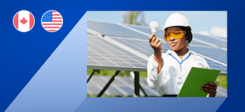 A photo of a female engineering student holding a lightbulb overlaid on a blue graphic with the Canadian and US flags in the bottom left corner.