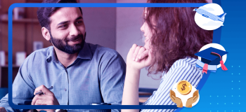 An image of a study abroad advisor talking to a student, with spot illustrations of graduation caps, diplomas, and money.