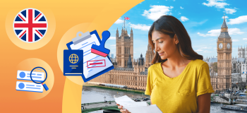 A female student wearing a yellow shirt looking down at some documents outside the UK, with illustrations of a passport and rejected visa document in the left.