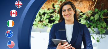 Why study hospitality? A photo of a hospitality professional, next to five illustrated flags of ApplyBoard's five destination countries.