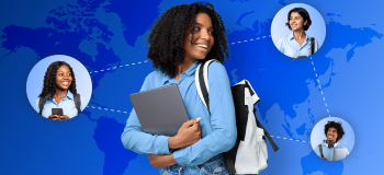 A world map in shades of blue behind photos of international students from around the world.