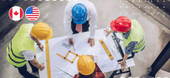 A photo of architects working on a blue print and illustrations of a Canadian and US flag in the top left corner.