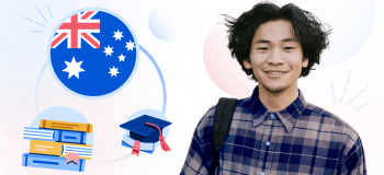 An illustration of a male student with Australia's flag, grad hat, and books graphic behind him.