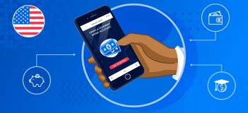 Illustration of someone holding a phone with a US flag in the corner.