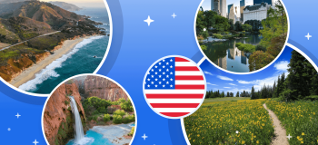 A mixture of photos of beautiful places in the east and west coast in the US and an illustration of a US flag.