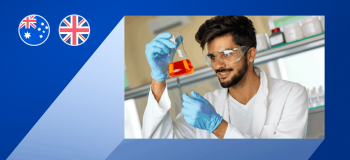 A photo of a male engineering student holding a beaker filled with chemicals laid on a blue graphic with the Australian and UK flags in the top left corner.