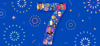 An mixture of illustrations of a the number 7, fireworks, and photos of ApplyBoardians' faces.