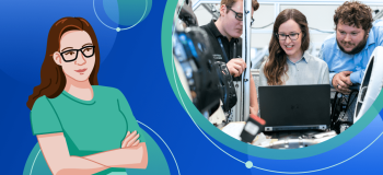 An illustration of a students and a photo of engineers working.