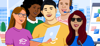 A graphic of ApplyBoardians standing around a laptop.